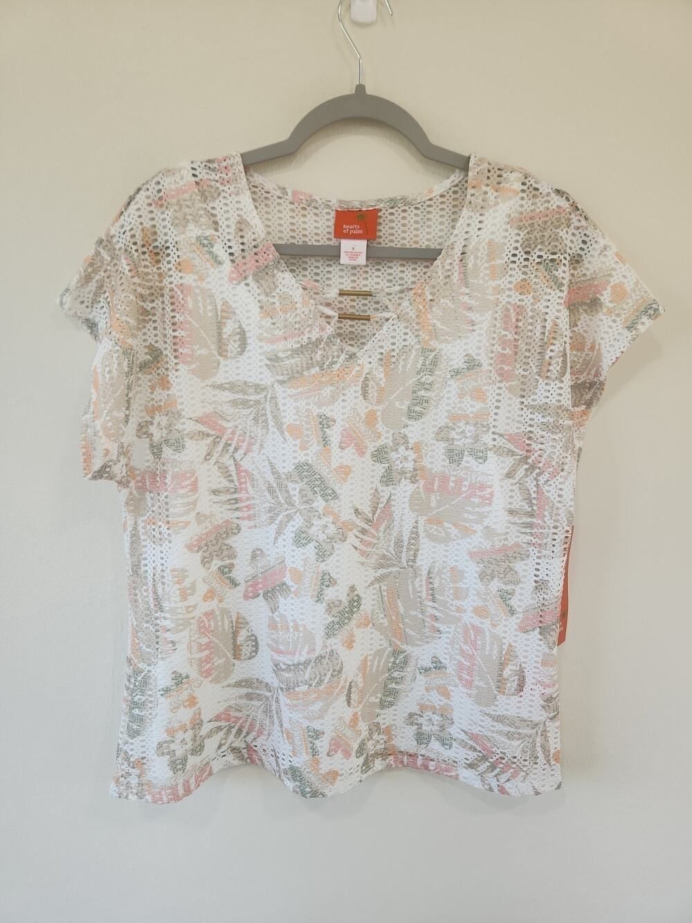HEARTS OF PALM Embellished Women NEW Small Tropical Knit Short Sleeve Aloha
